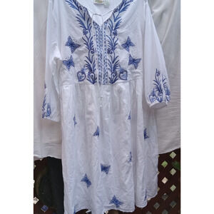 Collector's Etc White Cotton Dress Embroidery Blue Butterflys Large